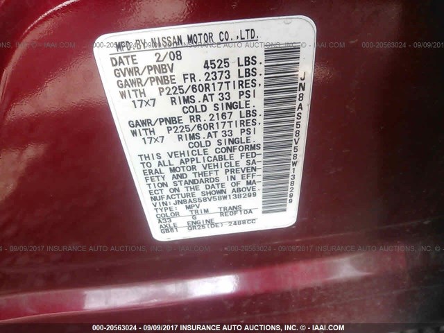 JN8AS58V58W138299 - 2008 NISSAN ROGUE S/SL MAROON photo 9