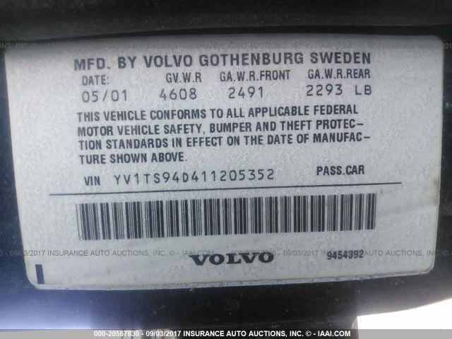 YV1TS94D411205352 - 2001 VOLVO S80 BLUE photo 9