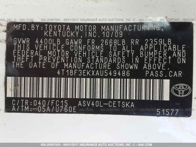 4T1BF3EKXAU549486 - 2010 TOYOTA CAMRY SE/LE/XLE WHITE photo 9