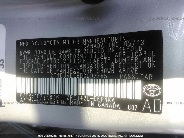 2T1BU4EE8DC092785 - 2013 TOYOTA COROLLA S/LE SILVER photo 9