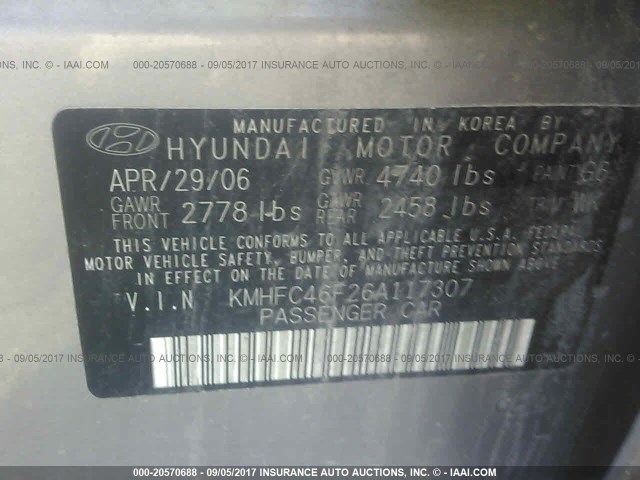 KMHFC46F26A117307 - 2006 HYUNDAI AZERA SE/LIMITED GRAY photo 9