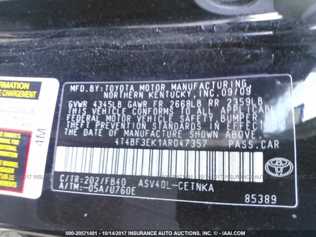 4T4BF3EK1AR047357 - 2010 TOYOTA CAMRY SE/LE/XLE 黑色 照片 9