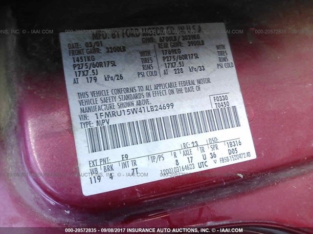 1FMRU15W41LB24699 - 2001 FORD EXPEDITION XLT RED photo 9