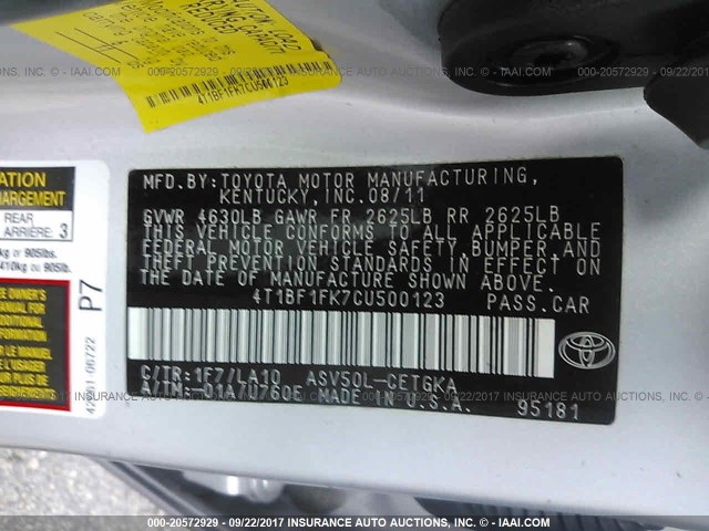 4T1BF1FK7CU500123 - 2012 TOYOTA CAMRY SE/LE/XLE SILVER photo 9