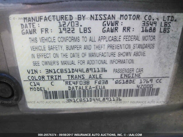 3N1CB51D44L891136 - 2004 NISSAN SENTRA 1.8/1.8S GOLD photo 9