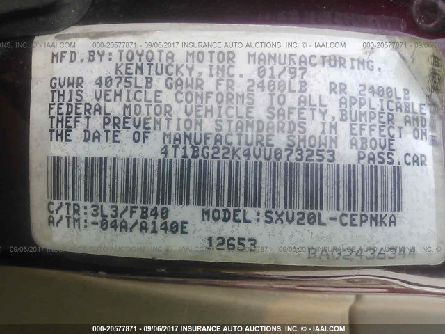 4T1BG22K4VU073253 - 1997 TOYOTA CAMRY CE/LE/XLE 勃艮第红 照片 9