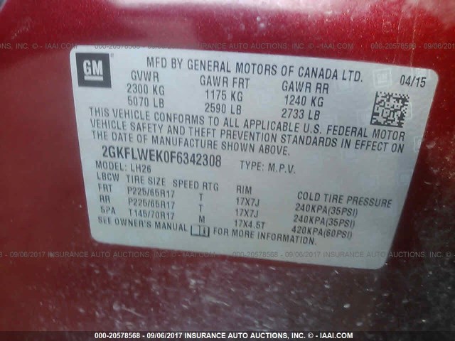 2GKFLWEK0F6342308 - 2015 GMC TERRAIN SLE RED photo 9