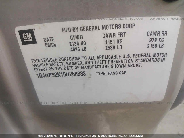 1G4HP52K15U268383 - 2005 BUICK LESABRE CUSTOM GRAY photo 9