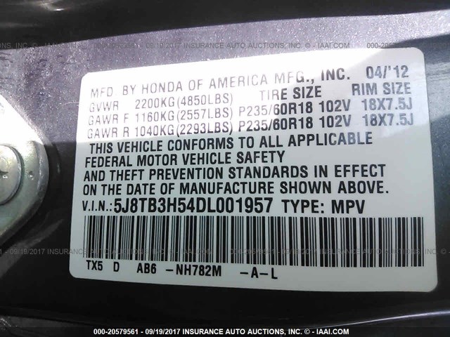 5J8TB3H54DL001957 - 2013 ACURA RDX TECHNOLOGY BLACK photo 9