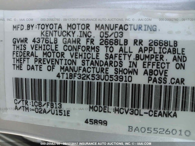 4T1BF32K53U053910 - 2003 TOYOTA CAMRY LE/XLE/SE 银色 照片 9