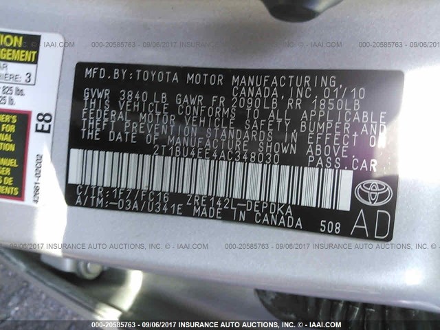 2T1BU4EE4AC348030 - 2010 TOYOTA COROLLA S/LE/XLE SILVER photo 9