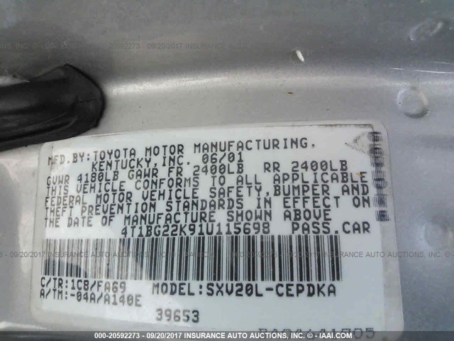 4T1BG22K91U115698 - 2001 TOYOTA CAMRY CE/LE/XLE SILVER photo 9