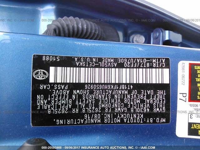 4T1BF1FK6HU650926 - 2017 TOYOTA CAMRY LE/XLE/SE/XSE BLUE photo 9