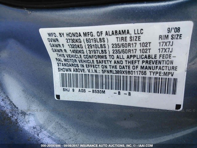 5FNRL389X9B011766 - 2009 HONDA ODYSSEY TOURING BLUE photo 9