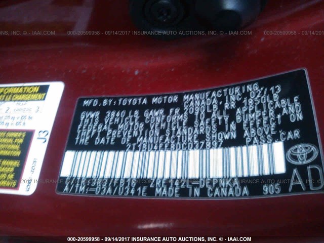 2T1BU4EE8DC037897 - 2013 TOYOTA COROLLA S/LE RED photo 9