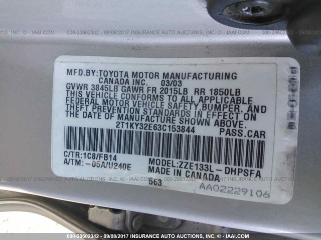 2T1KY32E63C153844 - 2003 TOYOTA COROLLA MATRIX XRS SILVER photo 9