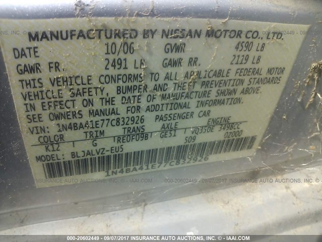 1N4BA41E77C832926 - 2007 NISSAN MAXIMA SE/SL SILVER photo 9