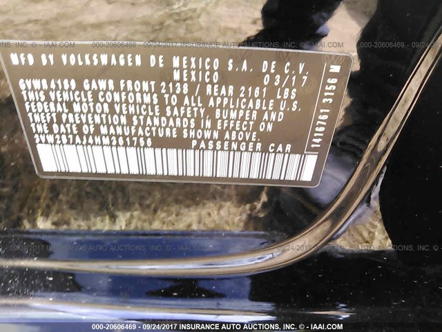 3VW2B7AJ4HM361756 - 2017 VOLKSWAGEN JETTA S 黑色 照片 9
