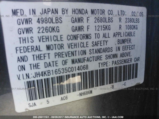 JH4KB16535C014068 - 2005 ACURA RL GRAY photo 9