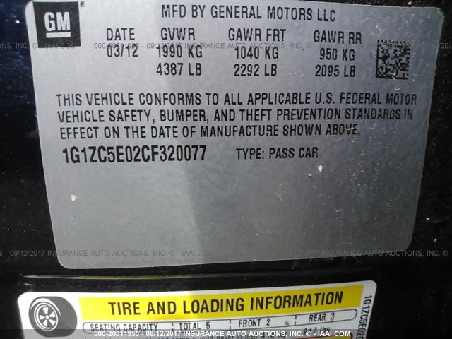 1G1ZC5E02CF320077 - 2012 CHEVROLET MALIBU 1LT 蓝色 照片 9