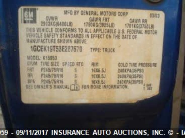 1GCEK19T53E287670 - 2003 CHEVROLET SILVERADO K1500 BLUE photo 9