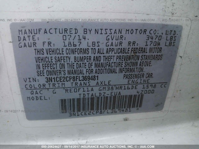 3N1CE2CP8FL369481 - 2015 NISSAN VERSA NOTE S/S PLUS/SV/SL/SR WHITE photo 9