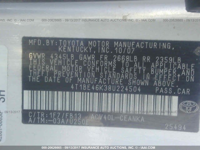 4T1BE46K38U224504 - 2008 TOYOTA CAMRY CE/LE/XLE/SE SILVER photo 9