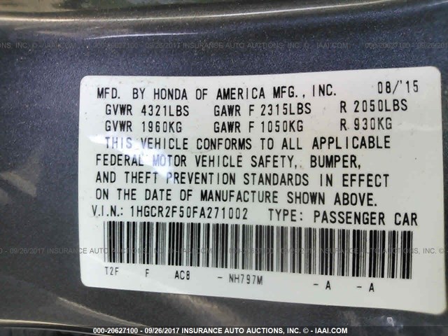 1HGCR2F50FA271002 - 2015 HONDA ACCORD SPORT 灰色 照片 9