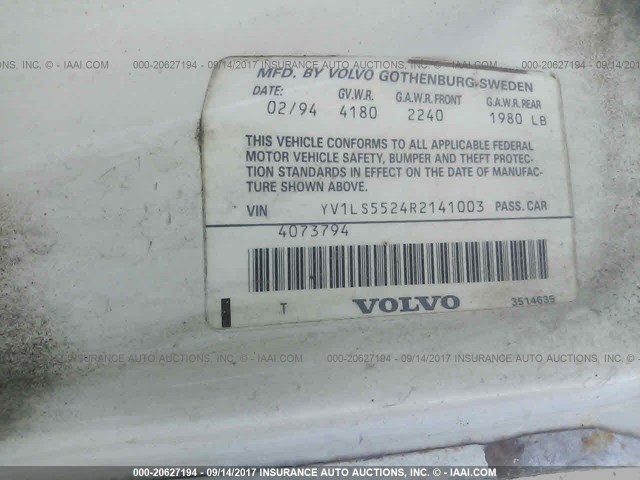 YV1LS5524R2141003 - 1994 VOLVO 850 WHITE photo 9