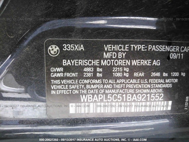 WBAPL5C51BA921552 - 2011 BMW 335 XI BLACK photo 9
