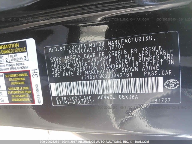 4T1BB46K88U042161 - 2008 TOYOTA CAMRY HYBRID BLACK photo 9