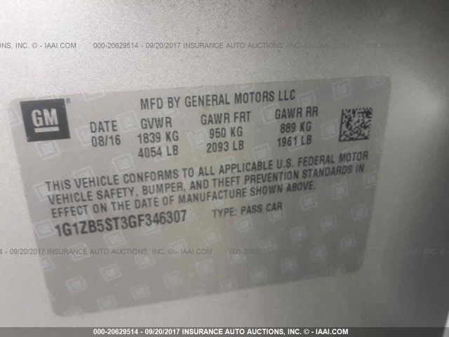 1G1ZB5ST3GF346307 - 2016 CHEVROLET MALIBU LS ვერცხლისფერი ფოტო 9