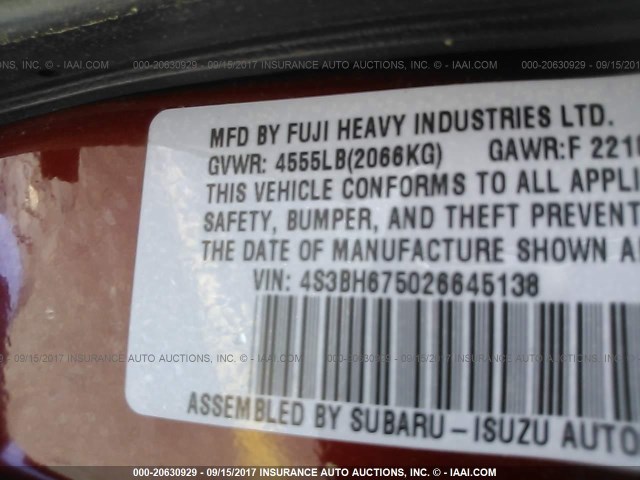 4S3BH675026645138 - 2002 SUBARU LEGACY OUTBACK AWP 勃艮第红 照片 9