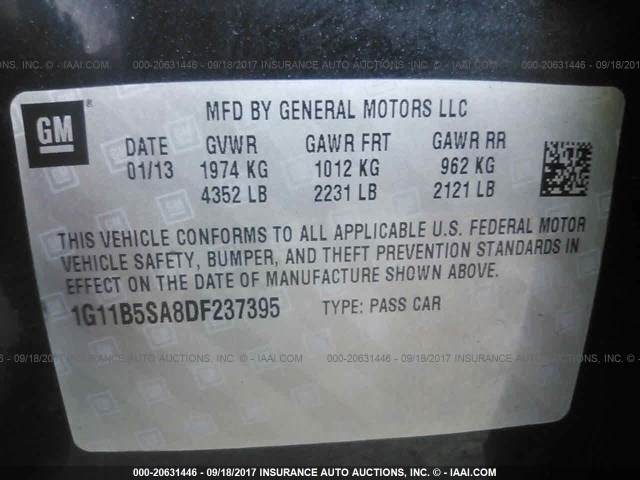 1G11B5SA8DF237395 - 2013 CHEVROLET MALIBU LS შავი ფოტო 9