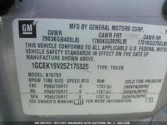 1GCEK19V25Z175325 - 2005 CHEVROLET SILVERADO K1500 Pewter photo 9