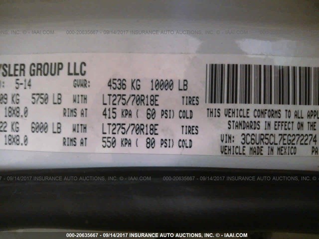 3C6UR5CL7EG272274 - 2014 RAM 2500 ST WHITE photo 9