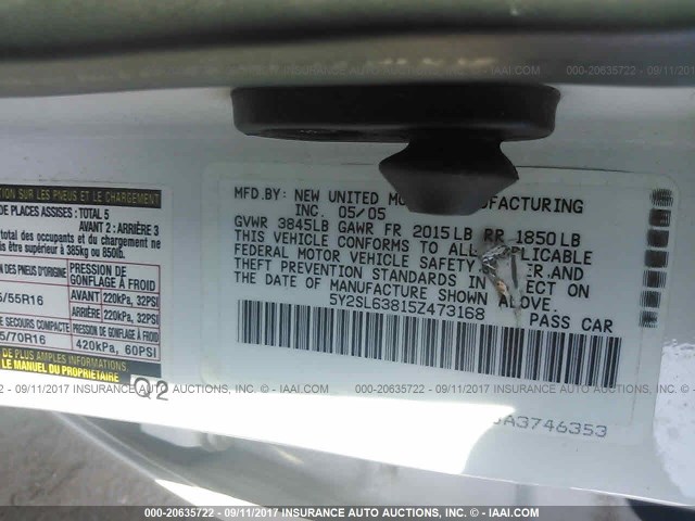 5Y2SL63815Z473168 - 2005 PONTIAC VIBE WHITE photo 9