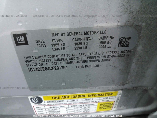 1G1ZC5E04CF201754 - 2012 CHEVROLET MALIBU 1LT 银色 照片 9