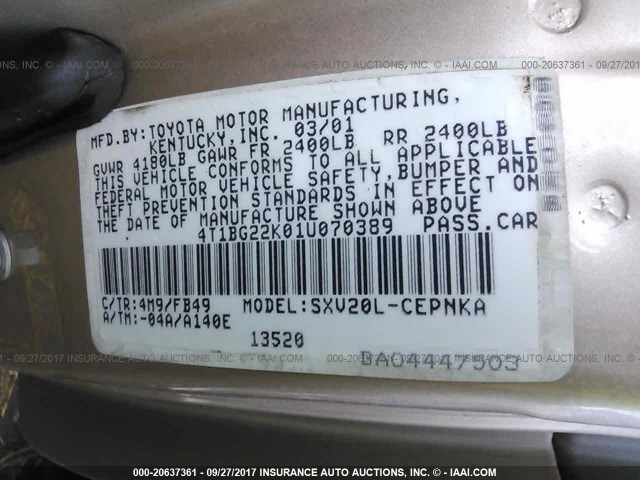4T1BG22K01U070389 - 2001 TOYOTA CAMRY CE/LE/XLE GOLD photo 9