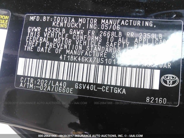 4T1BK46KX7U510146 - 2007 TOYOTA CAMRY NEW GENERAT LE/XLE/SE BLACK photo 9