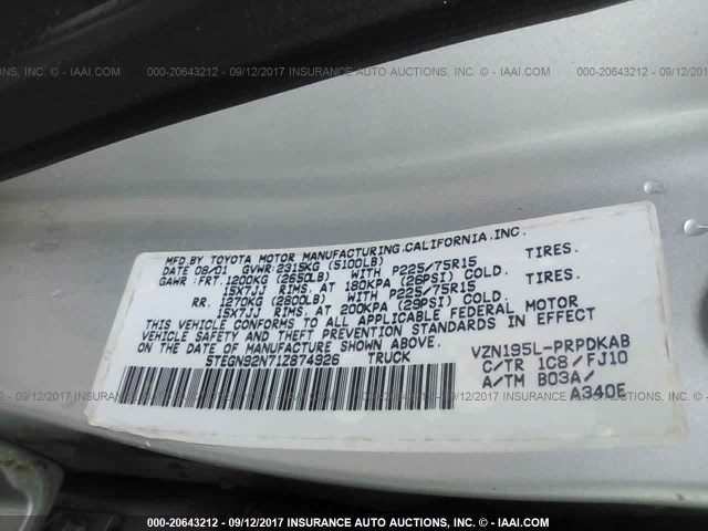 5TEGN92N71Z874926 - 2001 TOYOTA TACOMA DOUBLE CAB PRERUNNER SILVER photo 9