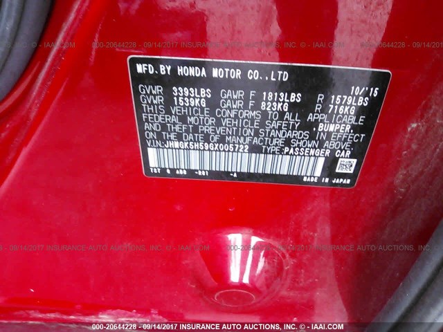 JHMGK5H59GX005722 - 2016 HONDA FIT LX Rouge photo 9