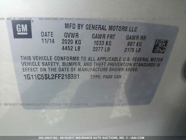 1G11C5SL2FF218391 - 2015 CHEVROLET MALIBU 1LT 银色 照片 9