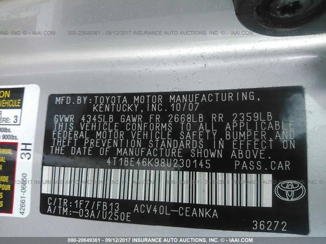 4T1BE46K98U230145 - 2008 TOYOTA CAMRY CE/LE/XLE/SE GRAY photo 9