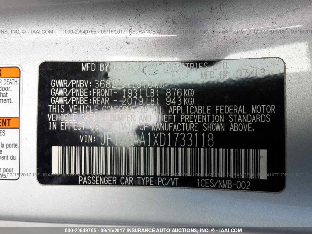 JF1ZNAA1XD1733118 - 2013 TOYOTA SCION FR-S ვერცხლისფერი ფოტო 9