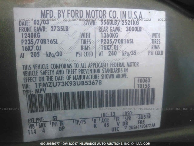 1FMZU73K93UB53678 - 2003 FORD EXPLORER XLT/XLT SPORT/NBX 绿色 照片 9