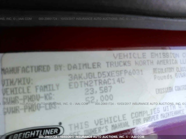 3AKJGLD5XESFP6031 - 2014 FREIGHTLINER CASCADIA 125  Unknown photo 10