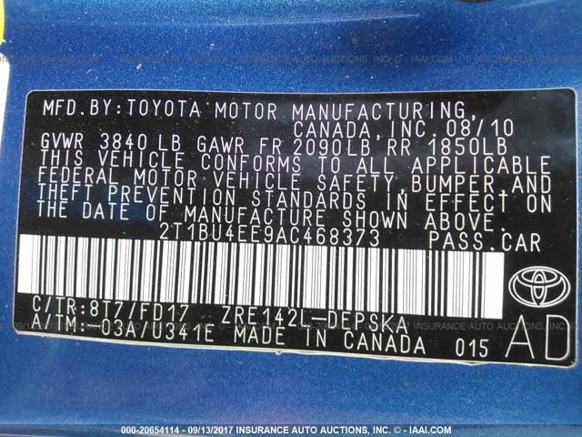 2T1BU4EE9AC468373 - 2010 TOYOTA COROLLA S/LE/XLE BLUE photo 9