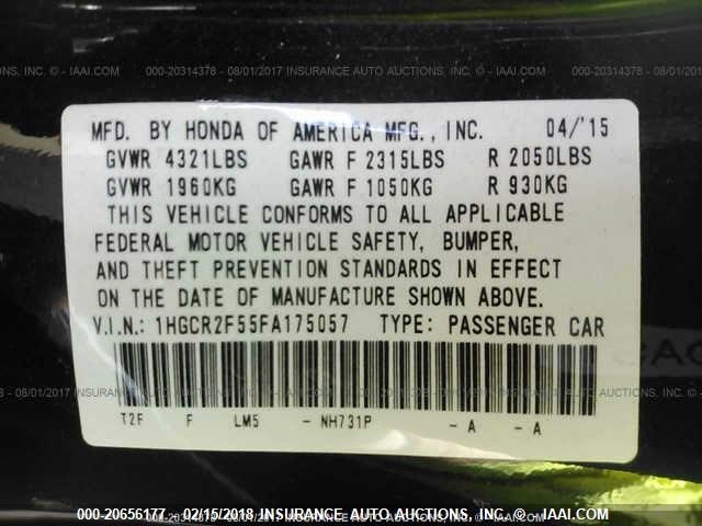 1HGCR2F55FA175057 - 2015 HONDA ACCORD SPORT 黑色 照片 9