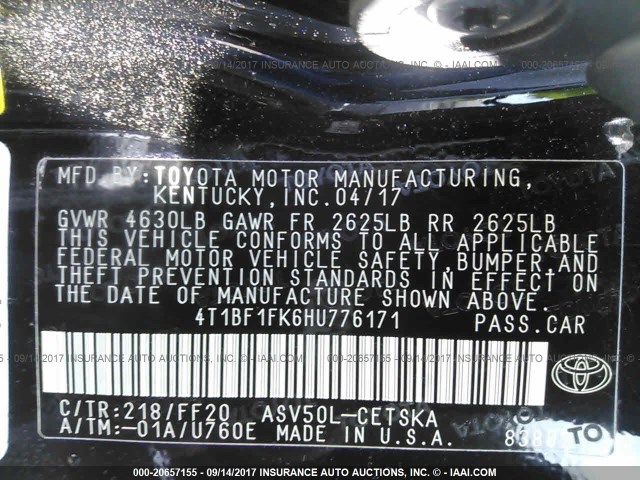 4T1BF1FK6HU776171 - 2017 TOYOTA CAMRY LE/XLE/SE/XSE BLACK photo 9